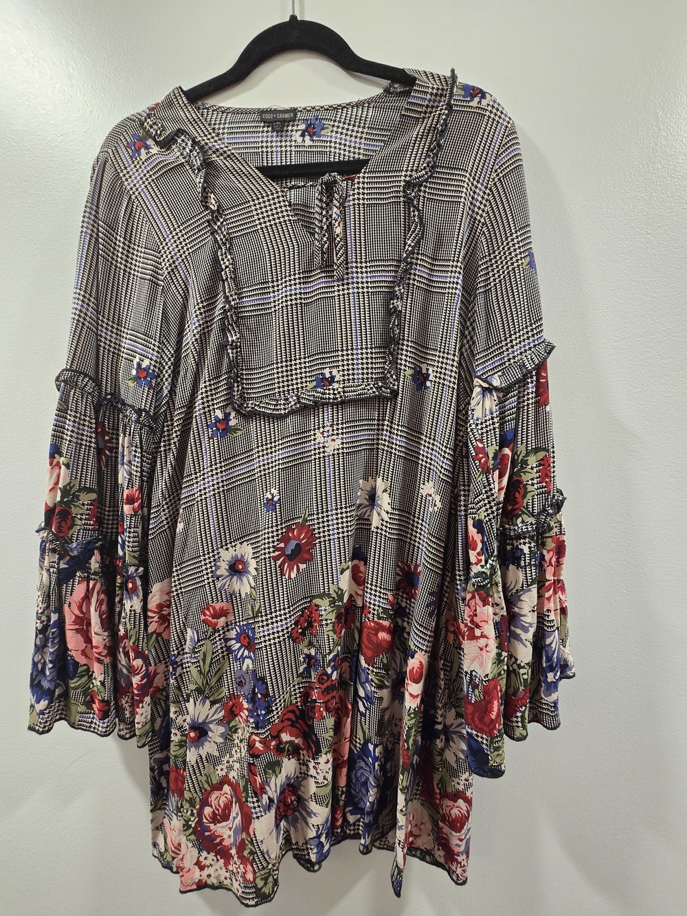 Coco + Carmen Black & White Plaid Tunic with Red, Blue & Cream Floral